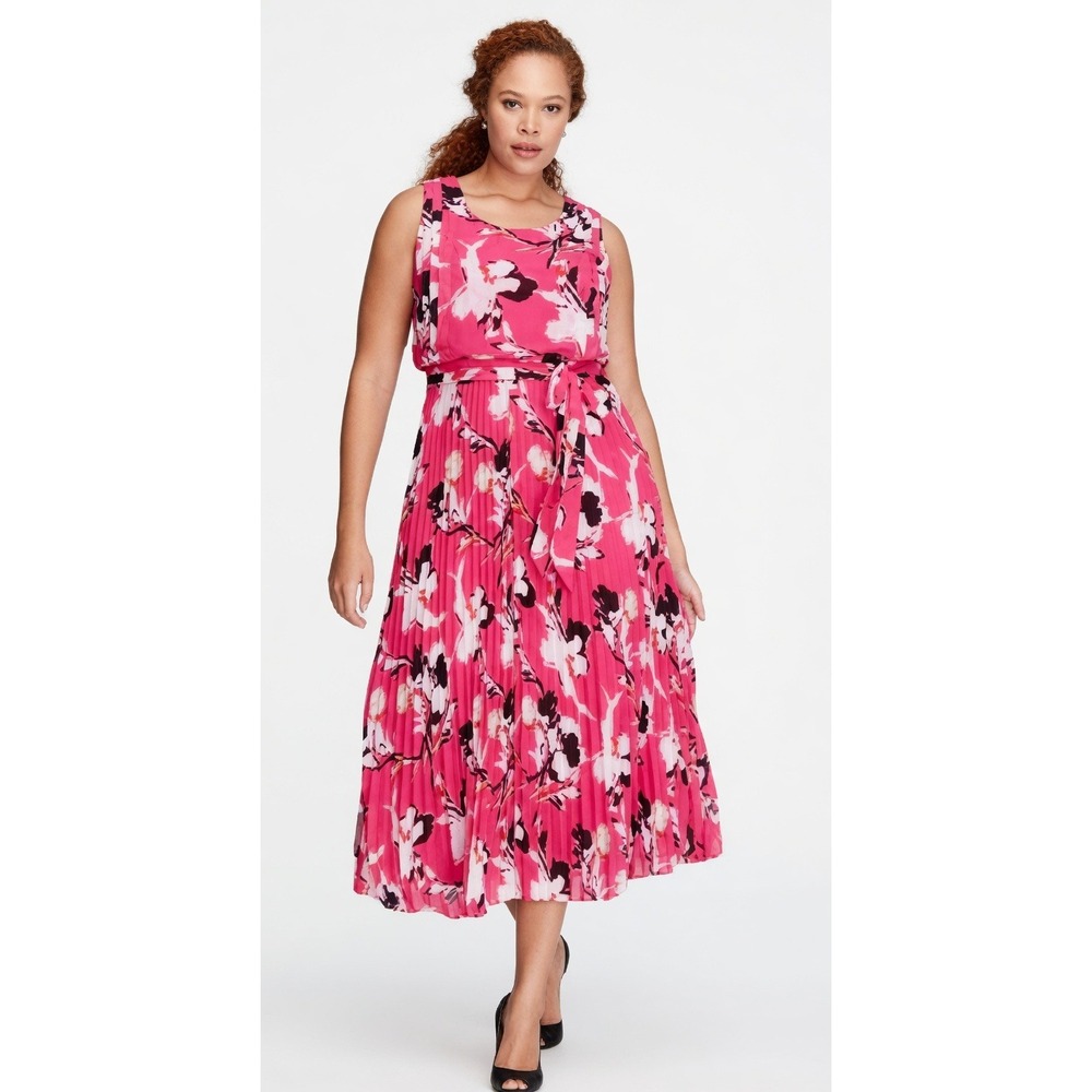 Lane Bryant Dress 22 2X Pink Floral Flowy A-Line Blouson Full SummerLong MIDI